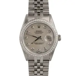 ROLEX DATEJUST 16030 36MM STAINLESS STEEL WHITE MOP DIAMOND DIAL & BEZEL WATCH