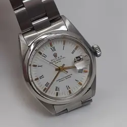 ROLEX DATE 34 MM WHITE ROMAN OYSTER STEEL AUTOMATIC WATCH 1500 CIRCA 1969
