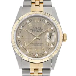 ROLEX DATEJUST 10P DIAMOND 16233G CHAMPAGNE GOLD HOUNDSTOOTH S NUMBER SECOND...
