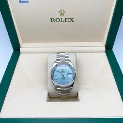 ROLEX DAY-DATE 40 PLATINUM ICE BLUE DIAGONAL MOTIF DIAL MEN’S WATCH