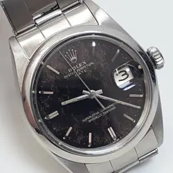 ROLEX DATE 34 MM BLACK FADED DIAL OYSTER STEEL AUTOMATIC WATCH 1500 CIRCA 1969