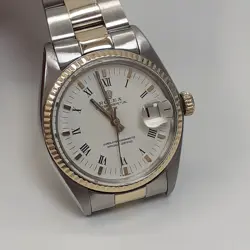 ROLEX DATE 34 MM TWO TONE WHITE ROMAN AUTOMATIC WATCH 1501 CIRCA 1967