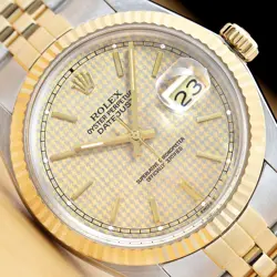 ROLEX MENS DATEJUST 16013 HOUNDSTOOTH DIAL 18K YELLOW GOLD STAINLESS STEEL WATCH