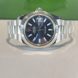 Rolex Datejust II 116334 Steel 18k White Gold Blue Sunburst Stick Dial
