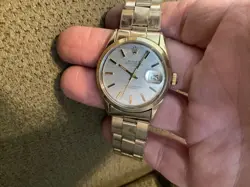 ROLEX 1971 DATE 1550 MENS 14K GOLD SHELL WATCH MOSAIC DIAL RIVET STRETCH BAND