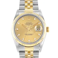 ROLEX DATEJUST 36 16233G DIAMOND CHAMPAGNE FLUTED STEEL YELLOW GOLD MENS WATCH
