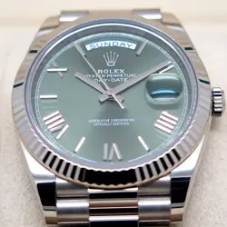 ROLEX 228239 DAY DATE 18K WHITE GOLD WITH OLIVE GREEN ROMAN DIAL