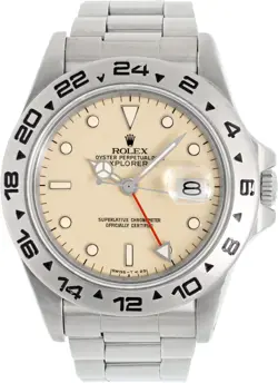 ROLEX EXPLORER II IN STAINLESS STEEL WITH CREAM IVORY RAIL DIAL.