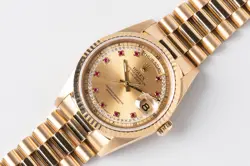 1994 ROLEX DAY-DATE 18238 CHAMPAGNE RUBY DIAMOND STRING DIAL W/ SERVICE PAPERS