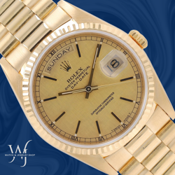 ROLEX DAY-DATE 36MM 18KY GOLD CHAMPAGNE LINEN DIAL FLUTED PRESIDENT WATCH 18238