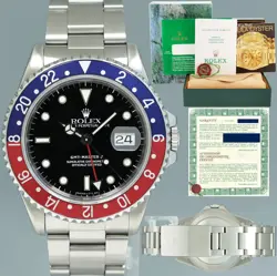 1990 PAPERS ROLEX GMT-MASTER PEPSI BLUE RED 40MM TRITIUM STEEL 16710 WATCH BOX