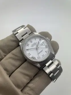 2003 ROLEX DATEJUST WHITE ROMAN DIAL 36MM STAINLESS STEEL WATCH 16220 B+P PAPERS