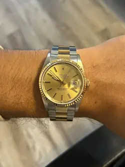 ROLEX DATEJUST 16233 TWO TONE YELLOW GOLD OYSTER CHAMPAGNE DIAL BOX PAPER WATCH