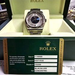ROLEX BLUE/SILVER CONCENTRIC STYLE # 116000 BRACELET # 70200