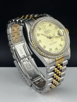ROLEX 36MM DATEJUST MENS 18K YELLOW GOLD & STEEL 2CT DIAMONDS GOLD DIAL 16013