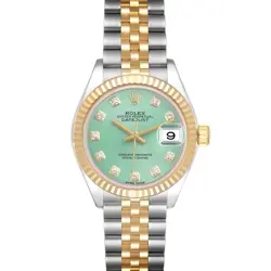 ROLEX DATEJUST 28 STEEL YELLOW GOLD GREEN DIAMOND LADIES WATCH 279173 BOX CARD