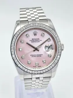 ROLEX DATEJUST 116200 36MM PINK MOP DIAMOND DIAL & DIAMOND BEZEL JUBILEE BOX