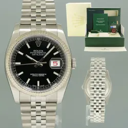 MINT 2012 PAPERS ROLEX DATEJUST STEEL BLACK ARABIC 116234 36MM JUBILEE WATCH BOX