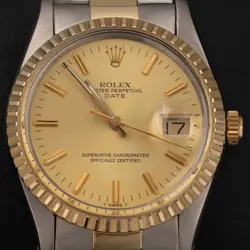ROLEX DATE 15053 FLUTED BEZEL WATCH 34MM TWO-TONE OYSTER CHAMPAGNE INDEX DIAL