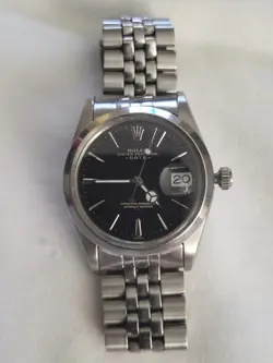 ROLEX OYSTER PERPETUAL DATE STEEL BLACK DIAL OYSTER MERCEDES HANDS WATCH
