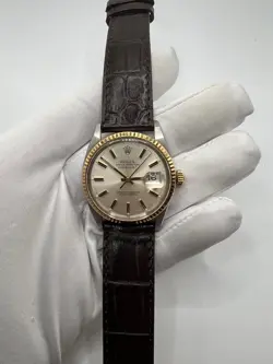 ROLEX DATEJUST 16013 MENS STAINLESS STEEL 18K GOLD WATCH SILVER DIAL BROWN STRAP
