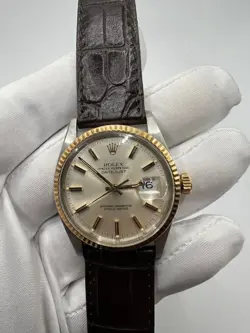 Rolex Datejust 16013 Mens Stainless Steel 18K Gold Watch silver Dial Brown strap