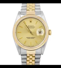 ROLEX MENS DATEJUST 16233 18KY GOLD & STEEL CHAMPAGNE DIAL BOX AND PAPERS 36MM