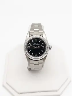 $9000 ROLEX OYSTER PERPETUAL NO HOLES BLACK DIAL SS Ladies Watch SERVICED