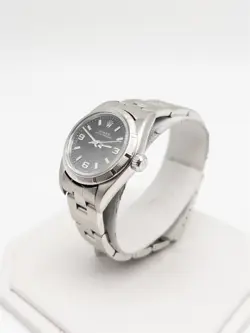 $9000 ROLEX OYSTER PERPETUAL NO HOLES BLACK DIAL SS Ladies Watch SERVICED