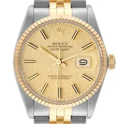 ROLEX DATEJUST STEEL YELLOW GOLD CHAMPAGNE LINEN DIAL VINTAGE MENS WATCH 16013