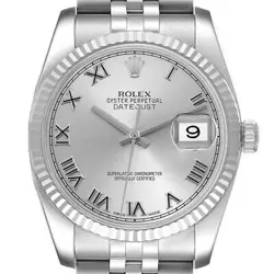 ROLEX DATEJUST STEEL WHITE GOLD SILVER ROMAN DIAL MENS WATCH 116234