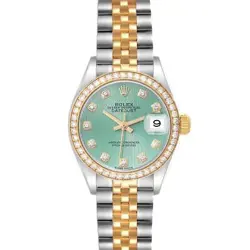 ROLEX DATEJUST 28 GREEN TAPESTRY STEEL YELLOW GOLD DIAMOND LADIES WATCH 279383