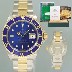 MINT PAPERS ROLEX SUBMARINER 16613LB GOLD STEEL TWO TONE YELLOW GOLD BLUE WATCH