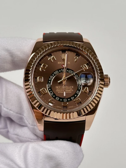 ROLEX SKY-DWELLER 18KT SAROS ANNUAL CALENDAR DUAL TIME ROSE GOLD CHOCOLATE
