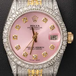 ROLEX DATEJUST 6827 DIAMOND BEZEL WATCH 31MM TWO-TONE JUBILEE PINK DIAL, 6.75CT