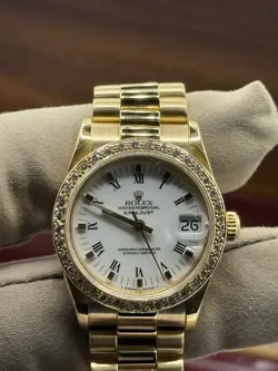Rolex Midsize Datejust 31mm 18KY Gold White Roman Dial Fluted President 68278