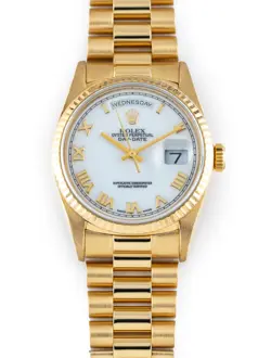 ROLEX DAY-DATE 36MM 18K YELLOW GOLD PRESIDENT WHITE ROMAN DIAL REF 18238