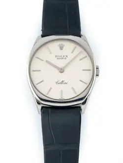 ROLEX CELLINI 24MM 18K WHITE GOLD SILVER DIAL BLACK ROLEX GATOR STRAP REF# 4129
