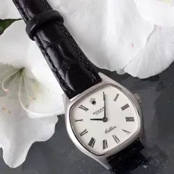 ROLEX CELLINI 3801 18K WG TONNEAU WATCH WHITE ROMAN DIAL USED