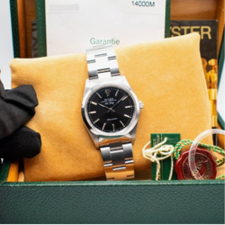 ROLEX AIR-KING 14000M BLACK DIAL 34MM BOX, PAPERS, CASEBACK STICKER