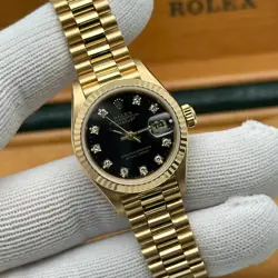 ROLEX PRESIDENT DATEJUST 69178 26MM 18K YELLOW GOLD DIAMOND BLACK DIAL WATCH B&P