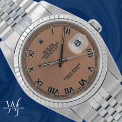 ROLEX MENS DATEJUST 36MM STEEL SALMON ROMAN NUM DIAL ENGINE-TURNED JUBILEE 16220