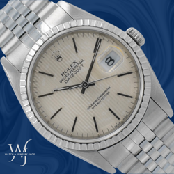 ROLEX MENS DATEJUST 36MM STEEL SILVER TAPESTRY DIAL ENGINE-TURNED JUBILEE 16220