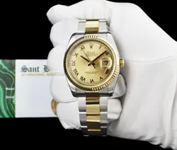 ROLEX 36mm 18kt Gold & SS DateJust Champagne Roman Oyster Band 116233 SANT BLANC