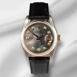 ROLEX DATEJUST 36MM YELLOW GOLD FLUTED BLACK MOP DIAMOND DIAL LEATHER BAND WATCH