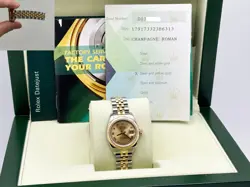 ROLEX LADIES DATEJUST 179173 CHAMPAGNE ROMAN 18K YELLOW GOLD STEEL BOX PAPER