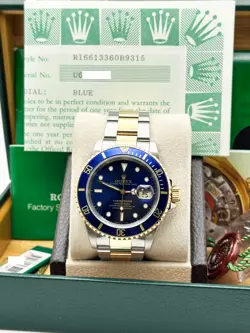 ROLEX SUBMARINER 16613 BLUE DIAL 18K YELLOW GOLD STAINLESS STEEL BOX PAPER 40MM
