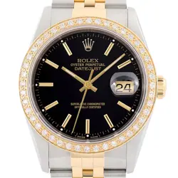 ROLEX MENS DATEJUST 16233 BLACK DIAL 18K YELLOW GOLD & STEEL DIAMOND WATCH