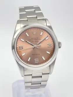 ROLEX AIR-KING 14000 34MM PINK ARABIC 3 6 9 SALMON DIAL SMOOTH BEZEL BOX