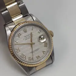 ROLEX DATEJUST 36MM STEEL 18K YELLOW GOLD CREAM PYRAMID WATCH 16233 X SERIE 1991